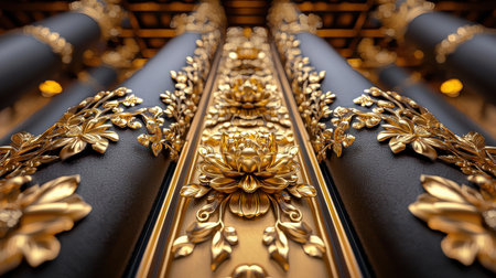A gold and black design with flowers and leaves. The gold and black colors create a sense of luxury and elegance. The intricate details of the design make it appear as if it is a piece of artの素材