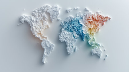 A white background with a map of the world on it. The map is made of ice and has a blue, red, and yellow color schemeの素材