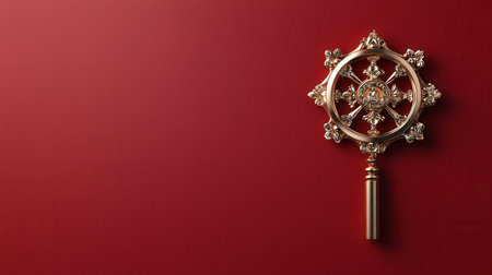 A gold and silver object with a cross on it is on a red background. The object is a key and it is hanging from a cordの素材