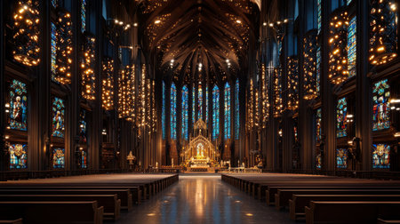 A large cathedral with stained glass windows and a golden altar. The interior is empty, but the stained glass windows are lit up, creating a warm and peaceful atmosphereの素材