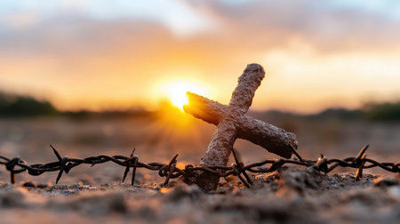 A cross is on the ground next to a barbed wire fence. The sun is setting in the background, casting a warm glow over the scene. Concept of solitude and isolationの素材