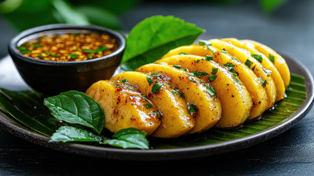 A plate of food with a sauce on the side. The food is sliced and arranged on a plateの素材