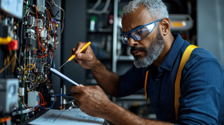 A man in a blue shirt and yellow suspenders is working on a piece of equipment. He is wearing safety glasses and a yellow toolの素材