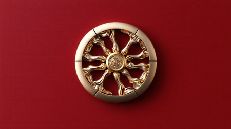 A gold wheel with a red background. The wheel is surrounded by gold and has a gold rimの素材