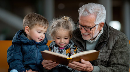 A man reads a book to two children. The children are sitting on a couch. The man is wearing glassesの素材