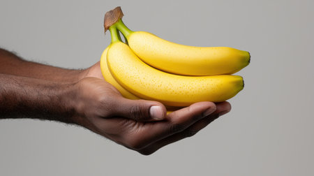 A person is holding three bananas in their hand. The bananas are yellow and appear to be ripeの素材