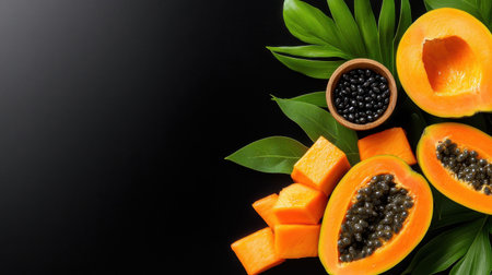 A bowl of fruit including a few slices of orange and a few pieces of pineapple. The bowl is on a black backgroundの素材