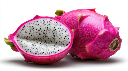 A close up of a red dragon fruit with black seeds. The fruit is cut in half, revealing the seeds insideの素材