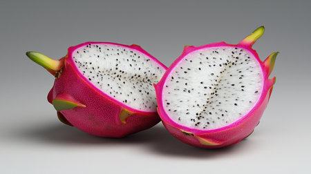 Two pieces of a red fruit with black seeds. The fruit is cut in halfの素材