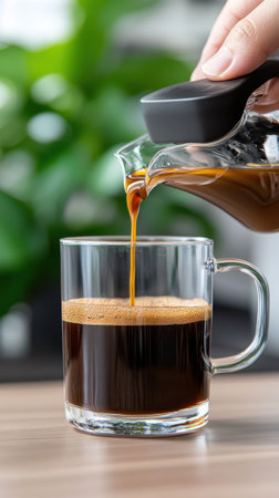 A person is pouring coffee into a glass. The coffee is brown and has a rich aroma. Concept of warmth and comfortの素材