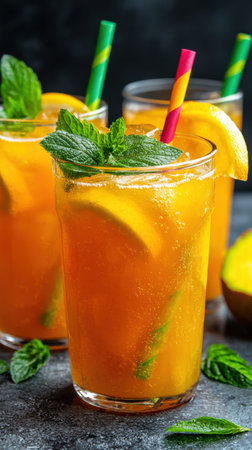 Three glasses of orange juice with green mint leaves and pink straws. The glasses are on a tableの素材