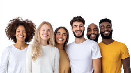 A group of people are smiling and posing for a photo. The group consists of five people, including a woman with curly hair and a man with a beard. Scene is happy and friendly, as everyone is smilingの素材