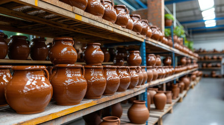 A large number of brown pottery pieces are displayed on shelves in a warehouse. The pots are arranged in rows, with some placed on top of each other and others standing aloneの素材