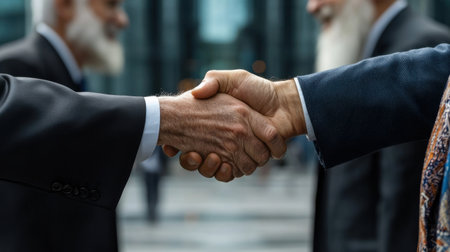 Two men shake hands in a business setting. Concept of professionalism and trust between the two individualsの素材