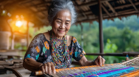 A woman is sitting and working on a piece of fabric. She is smiling and she is enjoying herselfの素材