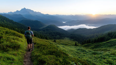 A man is walking on a trail in the mountains. The sky is clear and the sun is setting, casting a warm glow over the landscape. The man is carrying a backpack and a dog is following himの素材