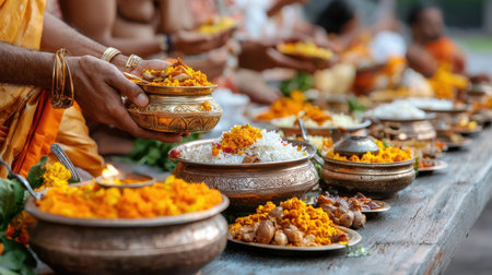 A table full of food with people holding bowls and plates. Scene is festive and celebratoryの素材