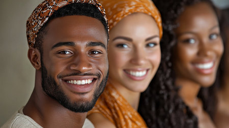 Three smiling black women wearing colorful head scarves. The man in the middle is smiling and the women are smiling as wellの素材