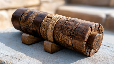 A wooden cylinder with a number of symbols on it. The cylinder is sitting on a stone surfaceの素材