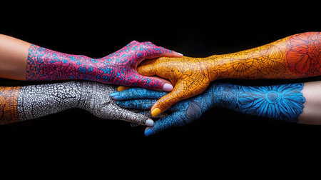 A group of people's hands are painted in different colors and patterns, with one hand being blue and the other being orange. The hands are arranged in a way that they are touching each otherの素材