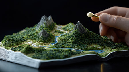 A hand is holding a match to a small model of a mountain range. The scene is set in a forest with a river running through it. Scene is peaceful and serene, as the hand gently lights the matchの素材