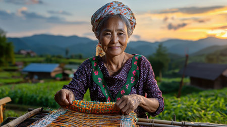 A woman is sitting in front of a table with a piece of cloth in her hands. She is smiling and seems to be enjoying her work. The scene is peaceful and serene, with a beautiful sunset in the backgroundの素材