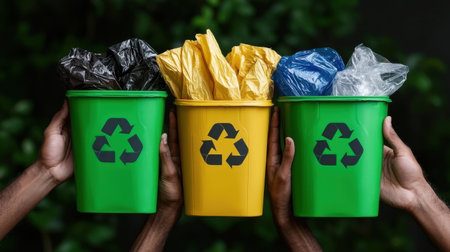 Three people holding up three trash cans, one of which is labeled "Recycle". Concept of environmental responsibility and the importance of recyclingの素材