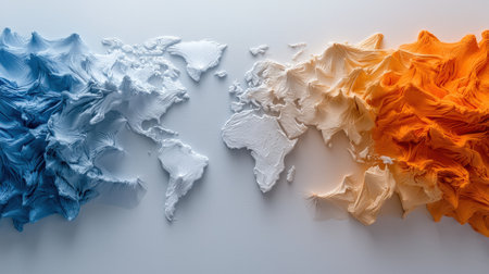 A blue and orange globe with a white background. The globe is made of paper and has a lot of texture. The colors of the globe are very contrasting and the texture gives it a sense of depthの素材