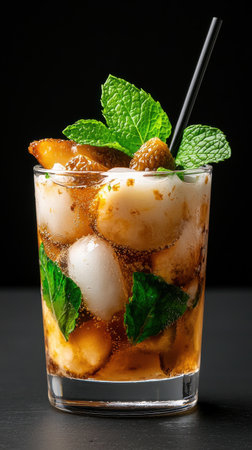 A glass of iced tea with a green leaf on top. The drink is cold and refreshing, perfect for a hot dayの素材