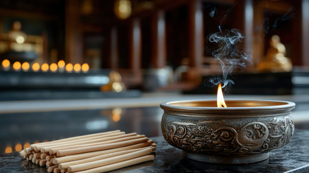 A bowl of incense sticks and a lit candle. The scene has a calming and spiritual atmosphereの素材