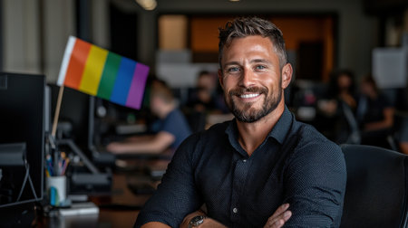 A man with a rainbow flag behind him is smiling. The flag is in the background and the man is the main focus of the imageの素材