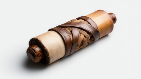 A wooden object with a leather band wrapped around it. The object is long and narrow, and it is a scroll. The leather band gives the scroll a rustic and antique feelの素材