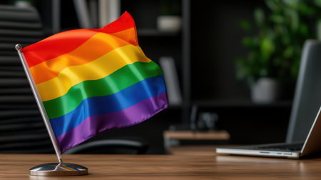 A rainbow flag is on a desk next to a laptop. The flag is on a stand and the laptop is openの素材