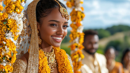 A woman wearing a gold and yellow outfit is smiling and posing for a picture. The image has a happy and celebratory mood, as the woman is likely getting married or attending a special eventの素材