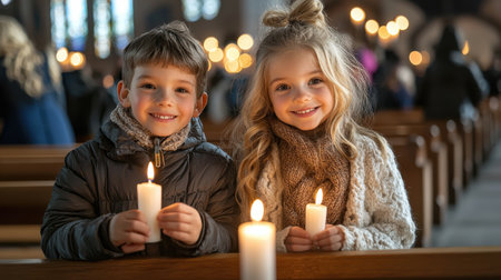 Two children are holding candles in a church. They are smiling and seem happy. The candles are lit and are placed in front of themの素材
