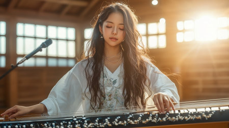 A woman is playing a musical instrument. She is wearing a white shirt and has long hair. The room is dimly lit, and the woman is focused on her playingの素材