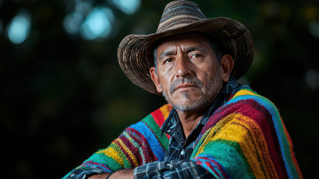 A man wearing a colorful hat and a striped blanket sits with his arms crossed. He has a serious expression on his faceの素材