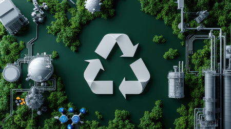 A green background with a white recycling symbol in the middle. The recycling symbol is surrounded by arrowsの素材