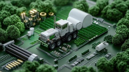 A computer monitor shows a green forest with a white truck in the middle. The truck is surrounded by various electronic components, including wires and circuit boards. Scene is one of technologyの素材