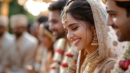 A bride is smiling and wearing a white dress with a gold necklace. She is surrounded by her family and friendsの素材