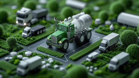 A green truck is driving down a street with other vehicles. The scene is a computer-generated image of a city with a focus on the truckの素材