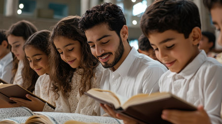 A group of children are sitting together and reading a book. The man is smiling and the children are smiling as well. Scene is happy and peacefulの素材
