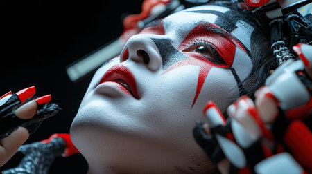 A woman with red and white makeup on her face. She has a black and white design on her faceの素材
