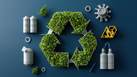 A green plant is growing out of a recycling bin. The image is meant to convey the importance of recycling and taking care of the environmentの素材