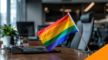 A rainbow flag is on a desk in front of a computer keyboard. The flag is on a stand and is in the foreground of the imageの素材