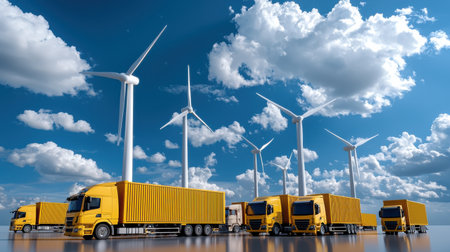 A group of yellow trucks are parked next to a wind farm. The trucks are all different sizes and are parked in a row. The wind farm is visible in the backgroundの素材