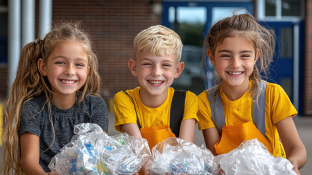 Three children are smiling and holding plastic bags. They are wearing yellow shirts and appear to be happyの素材