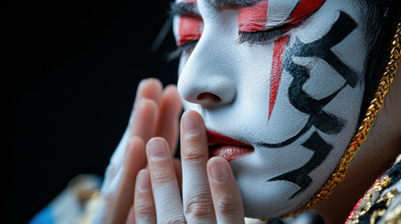 A woman with white and red face paint and gold jewelry. She is looking down and she is in a contemplative moodの素材