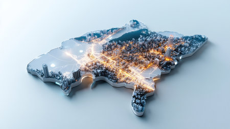 A map of the United States with a city in the middle. The city is lit up at nightの素材