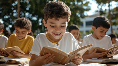 A group of children are sitting together and reading books. One boy is smiling as he reads. Concept of camaraderie and enjoyment of reading among the childrenの素材